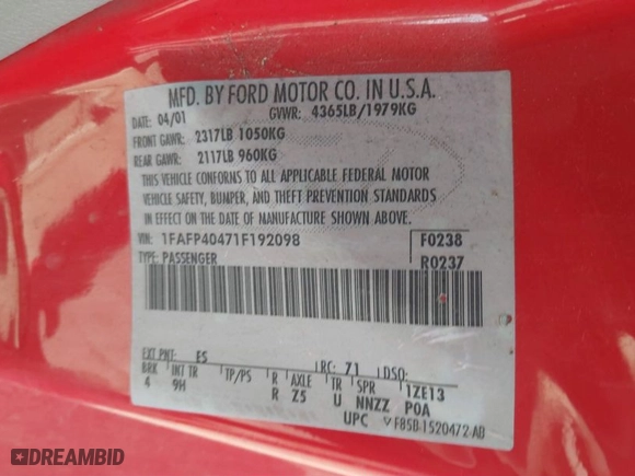 2001 Ford Mustang Standard with VIN 1FAFP40471F192098, listed as a IAAI auction lot 41726305 with 233,976 mi miles. Bid and sale history available at carsss.com. Image 9.