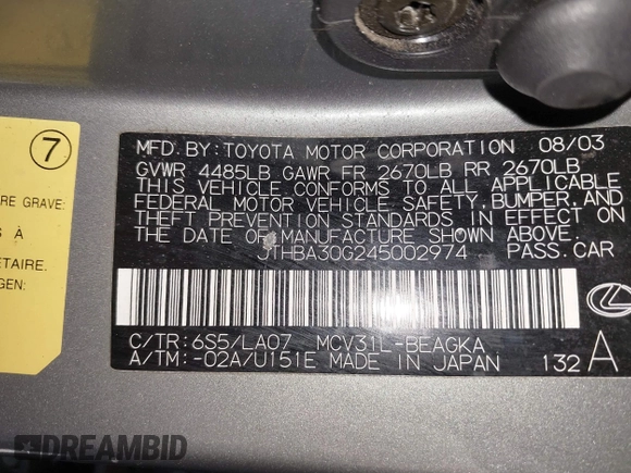 2004 Lexus ES 350 with VIN JTHBA30G245002974, listed as a IAAI auction lot 41752610 with 148,465 mi miles and . Bid and sale history available at DreamBid. Image 9.