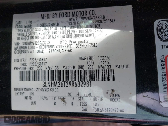 2009 Lincoln MKZ with VIN 3LNHM26T29R632981, listed as a IAAI auction lot 41902869 with 149,546 mi miles and . Bid and sale history available at DreamBid. Image 9.