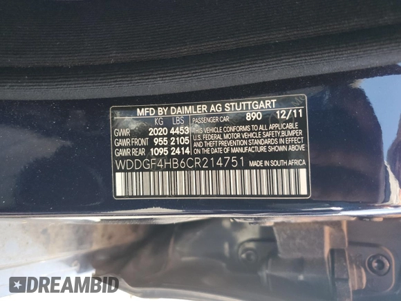 2012 Mercedes-Benz C 250 Sport with VIN WDDGF4HB6CR214751, listed as a Copart auction lot 61271155 with 133,097 mi miles and Clean title. Bid and sale history available at DreamBid. Image 12.