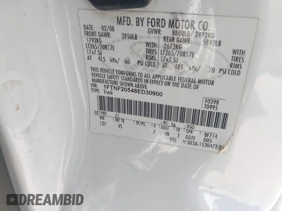 2008 Ford F-250 XL with VIN 1FTNF20548ED30900, listed as a IAAI auction lot 42695432 with Not provided miles and . Bid and sale history available at DreamBid. Image 9.