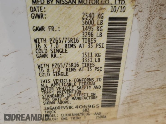 2011 Nissan Frontier Pro-4X with VIN 1N6AD0EV5BC406965, listed as a Copart auction lot 59335675 with 168,296 mi miles and Salvage title. Bid and sale history available at DreamBid. Image 12.