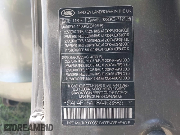 2008 Land Rover LR3 SE with VIN SALAE25418A466886, listed as a IAAI auction lot 42491817 with 196,909 mi miles and . Bid and sale history available at DreamBid. Image 9.