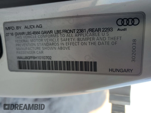 2017 Audi A3 Sedan Premium Plus with VIN WAUJ8GFF8H1010702, listed as a Copart auction lot 49101474 with 69,343 mi miles. Bid and sale history available at carsss.com. Image 13.