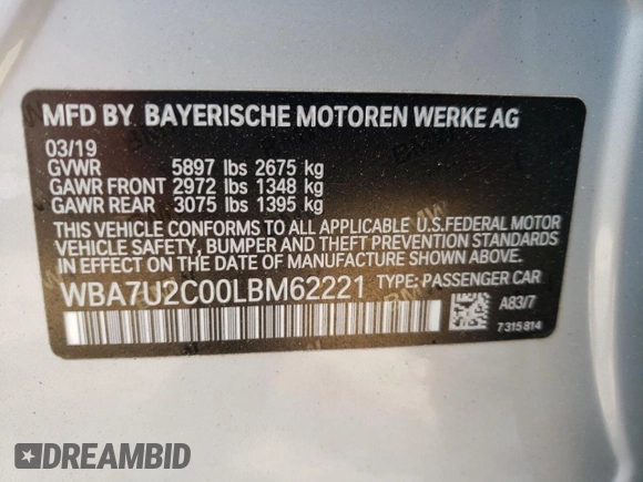 2020 BMW 7 Series 750i xDrive with VIN WBA7U2C00LBM62221, listed as a Copart auction lot 47604792 with 111 mi miles. Bid and sale history available at carsss.com. Image 10.