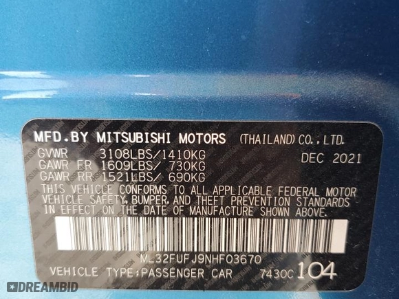2022 Mitsubishi Mirage G4 ES with VIN ML32FUFJ9NHF03670, listed as a Copart auction lot 52821545 with 65,366 mi miles and Clean Title. Bid and sale history available at carsss.com. Image 12.