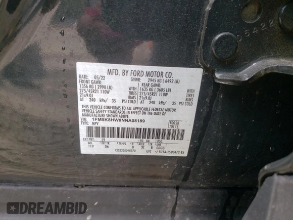 2022 Ford Explorer Platinum z VIN 1FM5K8HW0NNA08189, wystawiony jako Copart lot #54322935 z przebiegiem 41 232 mil mil oraz Szkoda całkowita • Salvage title. Historia ofert i sprzedaży dostępna na DreamBid. Obrazek 13.