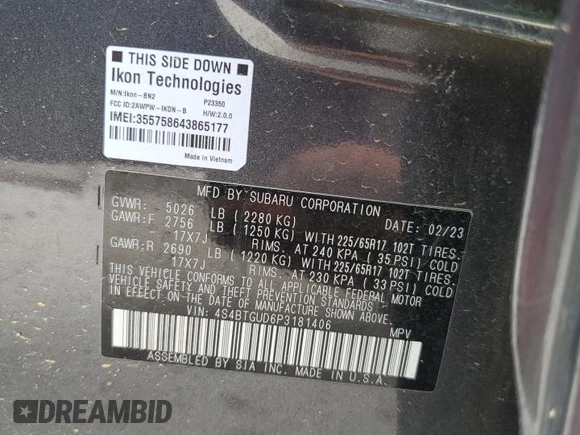 2023 Subaru Outback Wilderness с VIN 4S4BTGUD6P3181406, выставлен на аукционе Copart как лот 63435275 с пробегом Не указан миль и Списание • Salvage title. История ставок и продаж доступна на DreamBid. Изображение 13.