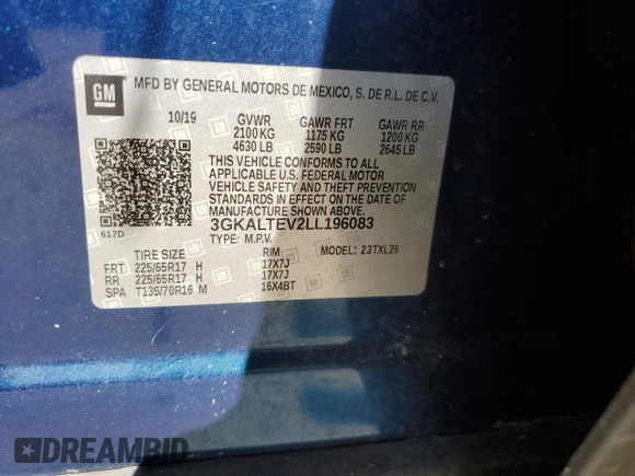 2020 GMC Terrain SLE z VIN 3GKALTEV2LL196083, wystawiony jako Copart lot #49717925 z przebiegiem 64 773 mil mil oraz Szkody całkowita. Historia ofert i sprzedaży dostępna na DreamBid. Obrazek 15.
