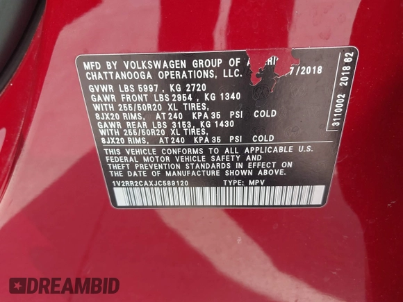 2018 Volkswagen Atlas SEL with VIN 1V2RR2CAXJC589120, listed as a IAAI auction lot 41775608 with 101,170 mi miles and . Bid and sale history available at DreamBid. Image 9.