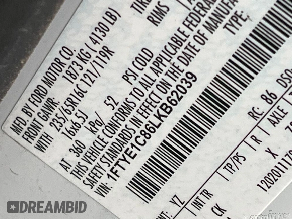 2020 Ford Transit Cargo with VIN 1FTYE1C86LKB62039, listed as a IAAI auction lot 42599731 with 102,656 mi miles and . Bid and sale history available at DreamBid. Image 16.