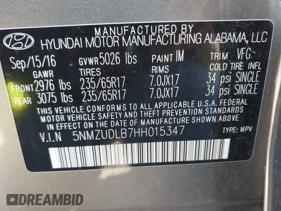 2017 Hyundai Santa Fe 2.4L z VIN 5NMZUDLB7HH015347, wystawiony jako IAAI lot #42035606 z przebiegiem 118 305 mil mil oraz . Historia ofert i sprzedaży dostępna na DreamBid. Obrazek 9.