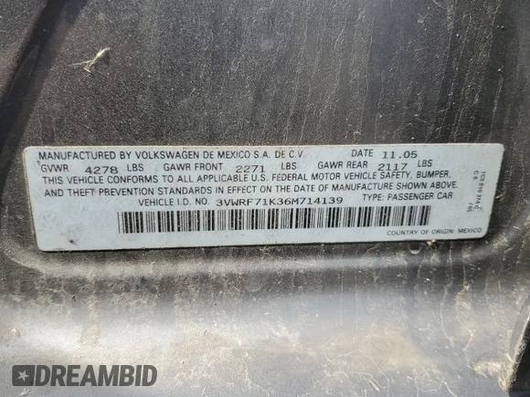 2006 Volkswagen Jetta 2.5L with VIN 3VWRF71K36M714139, listed as a Copart auction lot 51756475 with 137,165 mi miles and Salvage title. Bid and sale history available at DreamBid. Image 12.
