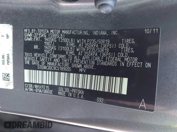 2012 Toyota Sienna SE with VIN 5TDXK3DC9CS189005, listed as a IAAI auction lot 41482337 with 267,618 mi miles. Bid and sale history available at carsss.com. Image 9.