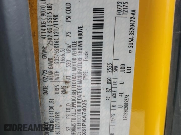 2023 Ford Transit Cargo with VIN 1FTBR1X81PKA74025, listed as a Copart auction lot 66054085 with 48,053 mi miles and Salvage title. Bid and sale history available at DreamBid. Image 12.