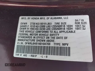 2019 Honda Odyssey Touring с VIN 5FNRL6H81KB104769, выставлен на аукционе IAAI как лот 42694506 с пробегом 108 143 миль миль и . История ставок и продаж доступна на DreamBid. Изображение 9.