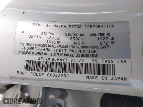 2019 Mazda Mazda3 Hatchback with VIN JM1BPBJM6K1124773, listed as a IAAI auction lot 41838263 with 50,702 mi miles. Bid and sale history available at carsss.com. Image 9.