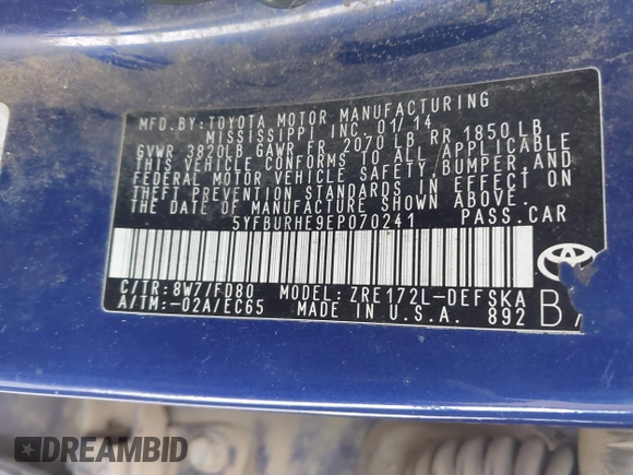 2014 Toyota Corolla L with VIN 5YFBURHE9EP070241, listed as a IAAI auction lot 41741565 with 122,797 mi miles and . Bid and sale history available at DreamBid. Image 9.