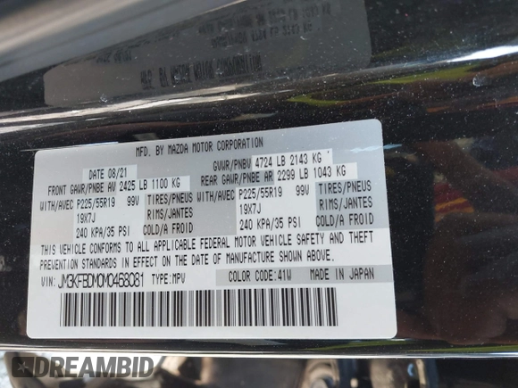 2021 Mazda CX-5 Grand Touring with VIN JM3KFBDM0M0468081, listed as a IAAI auction lot 41894411 with 54,664 mi miles. Bid and sale history available at carsss.com. Image 9.