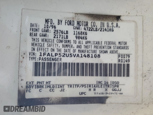 1997 Ford Taurus GL z VIN 1FALP52U5VA148108, wystawiony jako Copart lot #48343435 z przebiegiem 153 082 mil mil oraz Szkody całkowita. Historia ofert i sprzedaży dostępna na DreamBid. Obrazek 12.