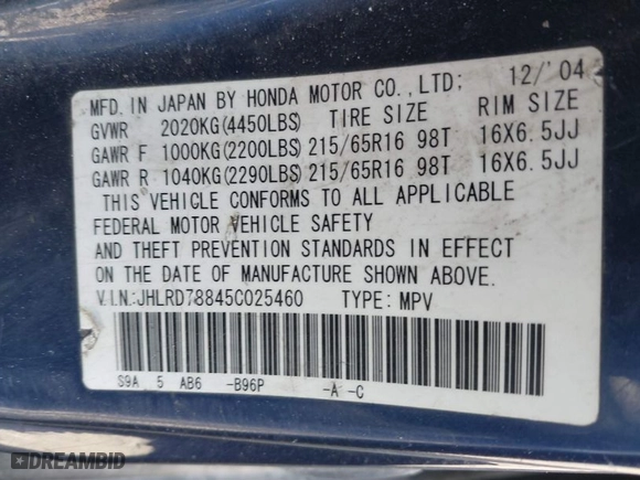 2005 Honda CR-V EX with VIN JHLRD78845C025460, listed as a IAAI auction lot 41836580 with 428,150 mi miles. Bid and sale history available at carsss.com. Image 9.