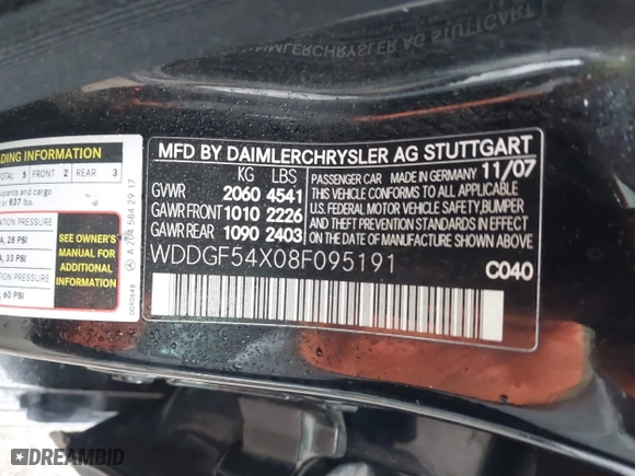 2008 Mercedes-Benz C-Class 3.0L Sport with VIN WDDGF54X08F095191, listed as a IAAI auction lot 41547589 with 165,319 mi miles. Bid and sale history available at carsss.com. Image 9.