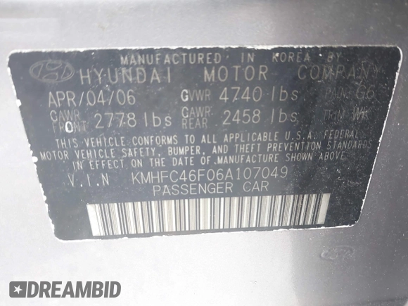2006 Hyundai Azera SE with VIN KMHFC46F06A107049, listed as a IAAI auction lot 42638717 with 158,094 mi miles and . Bid and sale history available at DreamBid. Image 9.