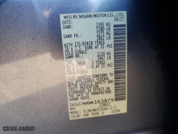 2017 Nissan Murano SL with VIN 5N1AZ2MH6HN163879, listed as a Copart auction lot 80060114 with 96,548 mi miles and Salvage Title. Bid and sale history available at carsss.com. Image 15.