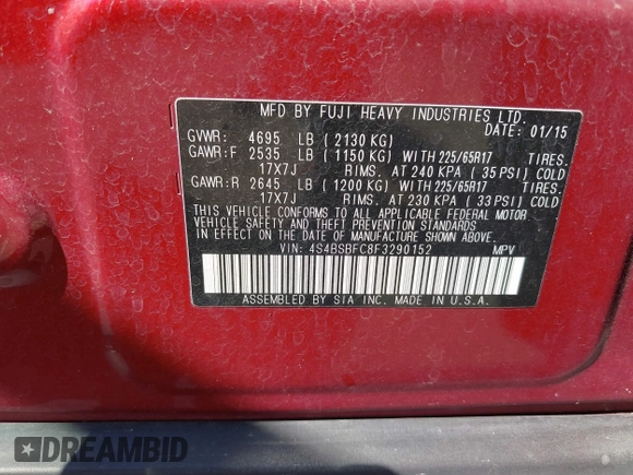 2015 Subaru Outback Premium with VIN 4S4BSBFC8F3290152, listed as a IAAI auction lot 42272736 with 44,006 mi miles and . Bid and sale history available at DreamBid. Image 9.