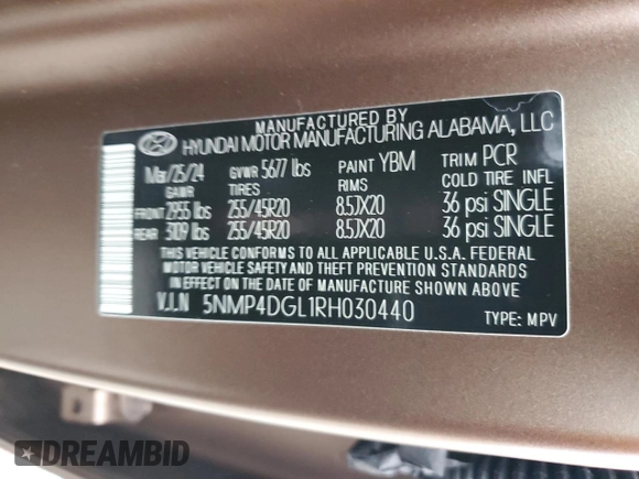 2024 Hyundai Santa Fe Limited z VIN 5NMP4DGL1RH030440, wystawiony jako Copart lot #51807025 z przebiegiem 6 988 mil mil oraz Szkoda całkowita • Salvage title. Historia ofert i sprzedaży dostępna na DreamBid. Obrazek 12.