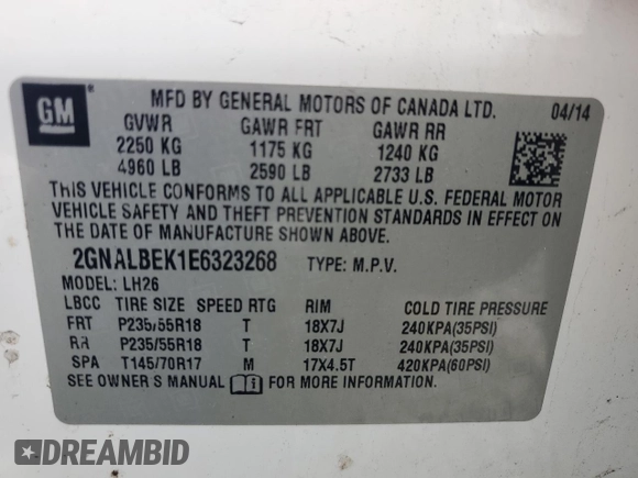 2014 Chevrolet Equinox LT with VIN 2GNALBEK1E6323268, listed as a Copart auction lot 55474245 with 173,280 mi miles and Clean Title. Bid and sale history available at DreamBid. Image 14.