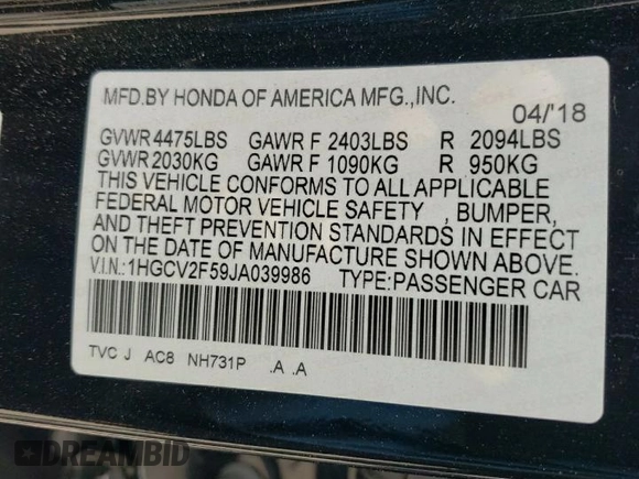 2018 Honda Accord EX-L with VIN 1HGCV2F59JA039986, listed as a Copart auction lot 53846855 with 71,858 mi miles and Non repairable. Bid and sale history available at DreamBid. Image 13.