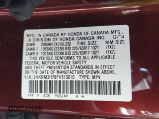2015 Honda CR-V EX-L with VIN 2HKRM3H78FH510610, listed as a IAAI auction lot 41993196 with Not Provided miles and . Bid and sale history available at carsss.com. Image 9.