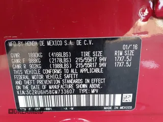 2016 Honda HR-V EX with VIN 3CZRU6H58GM733607, listed as a IAAI auction lot 41435835 with 107,931 mi miles. Bid and sale history available at carsss.com. Image 9.