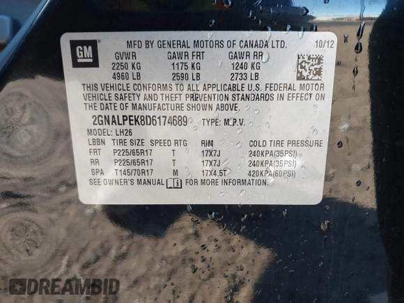 2013 Chevrolet Equinox LT with VIN 2GNALPEK8D6174689, listed as a IAAI auction lot 41692744 with 151,241 mi miles and . Bid and sale history available at DreamBid. Image 9.