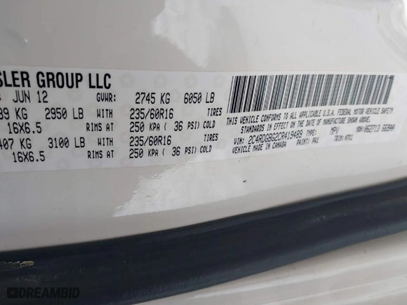 2012 Dodge Grand Caravan SE with VIN 2C4RDGBG2CR419489, listed as a IAAI auction lot 41270114 with 124,869 mi miles. Bid and sale history available at carsss.com. Image 9.