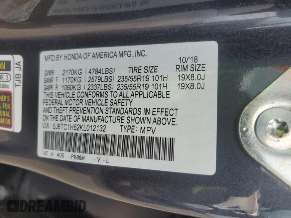 2019 Acura RDX Technology with VIN 5J8TC1H52KL012132, listed as a Copart auction lot 60814885 with 62,438 mi miles and Salvage title. Bid and sale history available at DreamBid. Image 14.
