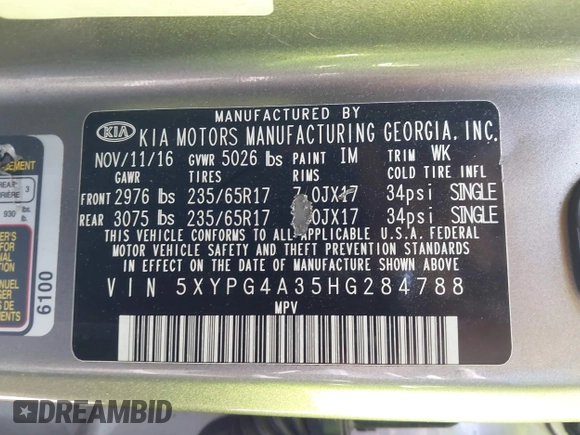 2017 Kia Sorento LX with VIN 5XYPG4A35HG284788, listed as a IAAI auction lot 41966692 with 68,692 mi miles. Bid and sale history available at carsss.com. Image 9.