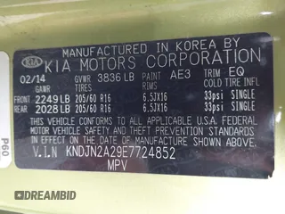 2014 Kia Soul with VIN KNDJN2A29E7724852, listed as a IAAI auction lot 41892312 with 45,133 mi miles and . Bid and sale history available at DreamBid. Image 9.
