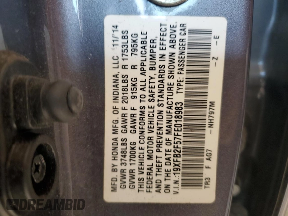 2015 Honda Civic LX with VIN 19XFB2F57FE018983, listed as a Copart auction lot 54947805 with 312,148 mi miles and Salvage Title. Bid and sale history available at DreamBid. Image 12.