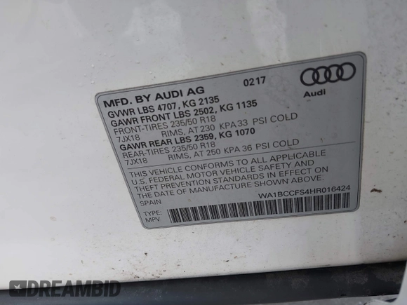 2017 Audi Q3 Premium z VIN WA1BCCFS4HR016424, wystawiony jako IAAI lot #41627278 z przebiegiem 60 028 mil mil oraz . Historia ofert i sprzedaży dostępna na DreamBid. Obrazek 9.