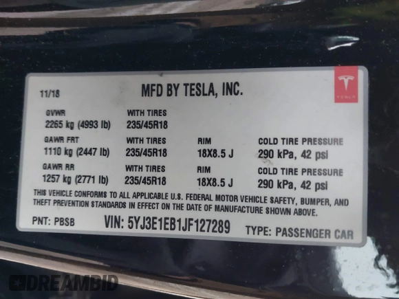 2018 Tesla Model 3 Long Range Battery with VIN 5YJ3E1EB1JF127289, listed as a IAAI auction lot 41484253 with 60,577 mi miles and . Bid and sale history available at DreamBid. Image 9.