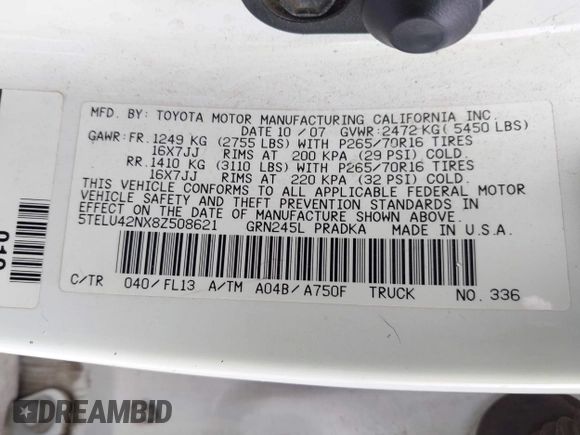 2008 Toyota Tacoma with VIN 5TELU42NX8Z508621, listed as a IAAI auction lot 41839985 with Not provided miles and . Bid and sale history available at DreamBid. Image 9.