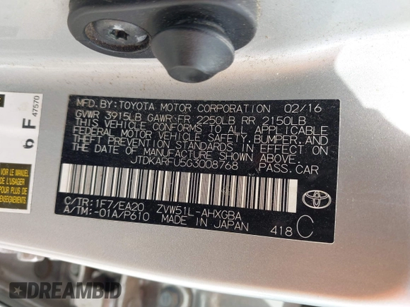 2016 Toyota Prius Four z VIN JTDKARFU5G3008768, wystawiony jako IAAI lot #42125504 z przebiegiem 164 229 mil mil oraz . Historia ofert i sprzedaży dostępna na DreamBid. Obrazek 9.