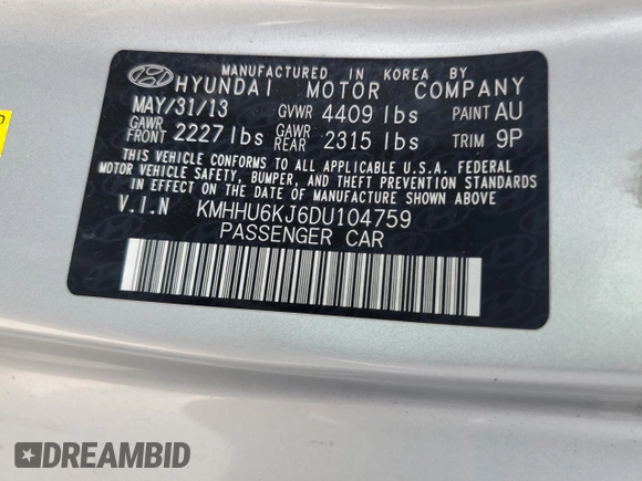 2013 Hyundai Genesis Coupe Grand Touring with VIN KMHHU6KJ6DU104759, listed as a Copart auction lot 54360995 with Not provided miles and Salvage title. Bid and sale history available at DreamBid. Image 12.