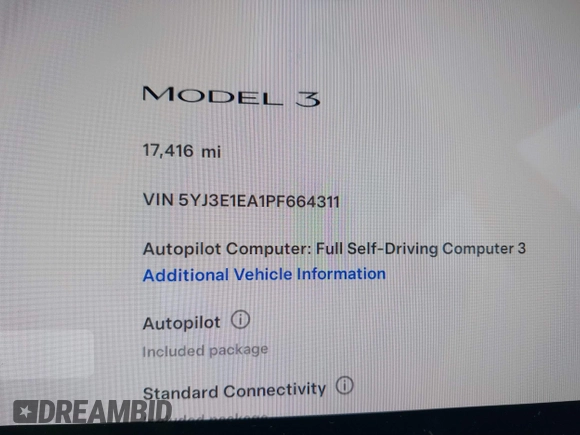2023 Tesla Model 3 with VIN 5YJ3E1EA1PF664311, listed as a IAAI auction lot 41839591 with 17,416 mi miles and . Bid and sale history available at carsss.com. Image 15.