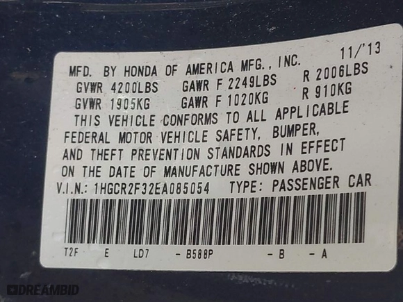 2014 Honda Accord Sedan LX with VIN 1HGCR2F32EA085054, listed as a IAAI auction lot 41875411 with NaN miles. Bid and sale history available at carsss.com. Image 9.