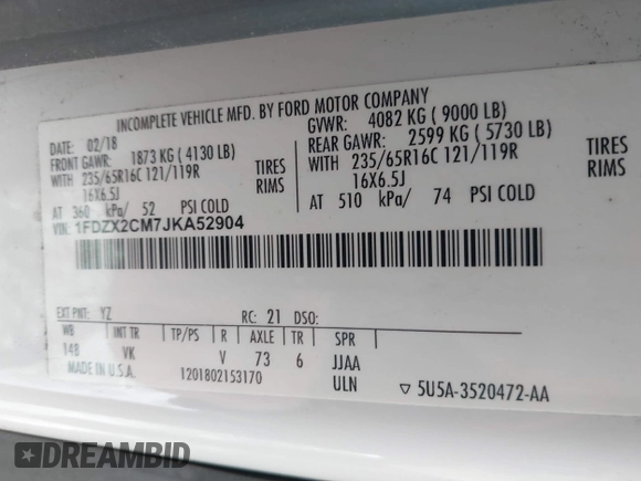2018 Ford Transit XL z VIN 1FDZX2CM7JKA52904, wystawiony jako IAAI lot #41677165 z przebiegiem 15 201 mil mil oraz . Historia ofert i sprzedaży dostępna na DreamBid. Obrazek 9.