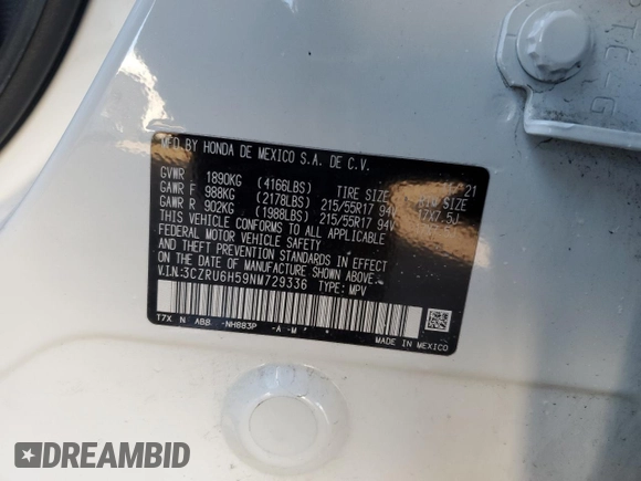2022 Honda HR-V EX with VIN 3CZRU6H59NM729336, listed as a Copart auction lot 89129425 with Not Provided miles and Salvage Title. Bid and sale history available at carsss.com. Image 14.