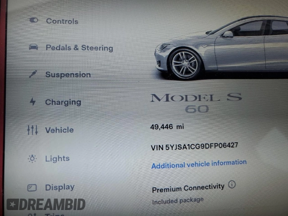 2013 Tesla Model S z VIN 5YJSA1CG9DFP06427, wystawiony jako Copart lot #59515845 z przebiegiem 49 446 mil mil oraz Szkoda całkowita • Salvage title. Historia ofert i sprzedaży dostępna na DreamBid. Obrazek 9.